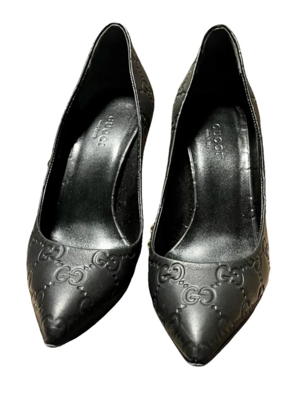 Gucci Black Embossed Logo Pointed Toe Heels
